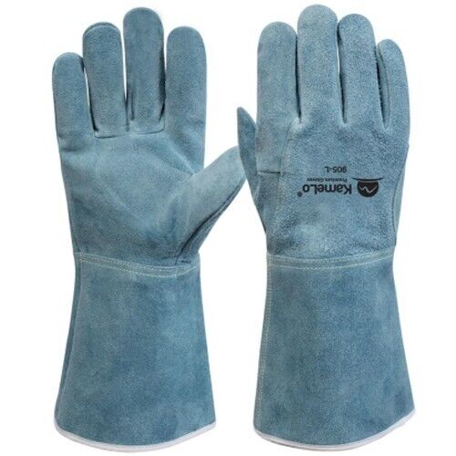 KameLo 905-L Leather Welding Camping Gloves Heat Resistant TIG Arc Grain (Blue)